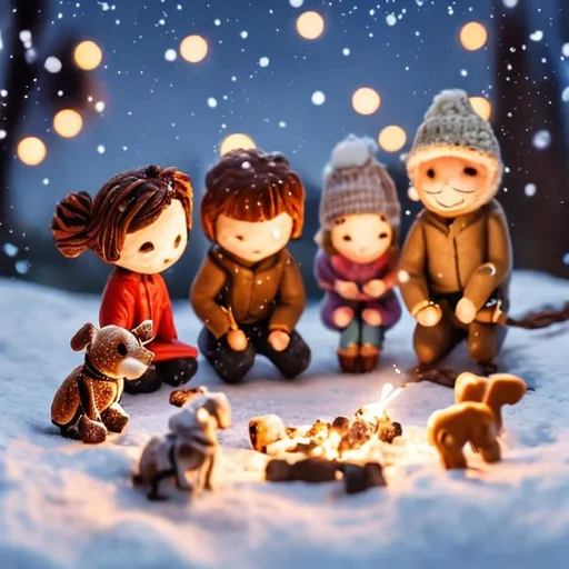 Prompt: tiny friends and a dog making smores at tiny wooden campfire string lights on a starry night in the snow
