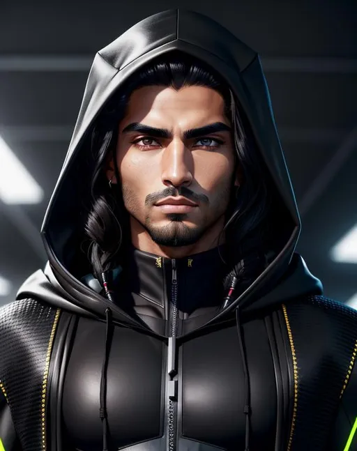 Prompt: perfect composition, {25 year old}, lean tan skinned {arab man}, wearing futuristic {black future tech hooded robes}, {long brunette and black hair}, {hazel eyes}, extra masculine, peak fitness, determined expression, looking at viewer, 8k eyes, detailed face, wlop, stanley artgerm lau, artstation, hd, octane render, hyperrealism intricate details, 8k, cinematic volumetric light, proportional, art trending on artstation, sharp focus, studio photo, intricate details, highly detailed, intricate artwork masterpiece, ominous, intricate, epic, trending on artstation, highly detailed, vibrant, production cinematic character render, ultra high quality model, 