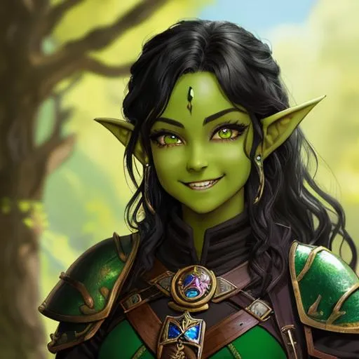 Prompt: oil painting, D&D fantasy, green-skinned-goblin girl, green-skinned-female, small, beautiful, short dark black hair, wavy hair, smiling, pointed ears, fangs, looking at the viewer, cleric wearing intricate adventurer outfit, #3238, UHD, hd , 8k eyes, detailed face, big anime dreamy eyes, 8k eyes, intricate details, insanely detailed, masterpiece, cinematic lighting, 8k, complementary colors, golden ratio, octane render, volumetric lighting, unreal 5, artwork, concept art, cover, top model, light on hair colorful glamourous hyperdetailed medieval city background, intricate hyperdetailed breathtaking colorful glamorous scenic view landscape, ultra-fine details, hyper-focused, deep colors, dramatic lighting, ambient lighting god rays, flowers, garden | by sakimi chan, artgerm, wlop, pixiv, tumblr, instagram, deviantart