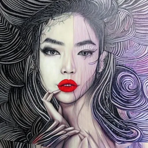 Prompt: Thai girl,  pen and ink, intricate line drawings, intricate face, pencil drawing, strong pencil crosshatch, pastel colors, hyperrealistic, side lighting, red lips, fantasy background, by craig mullins, ruan jia, kentaro miura, greg rutkowski, renaud sechan, loundraw