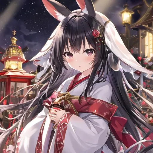 Prompt: (masterpiece, best quality:1.2), illustration, absurdres, highres, extremely detailed, 1 petite girl, black long hair, white rabbit ears, black eyes, eye highlights, red and white shrine maiden outfit,  ice cage, fluttering crystal, upper body, night, depth of field, (:d:0.8), chromatic aberration abuse, pastel color, Depth of field, blue tint,(blue fog:1.3)