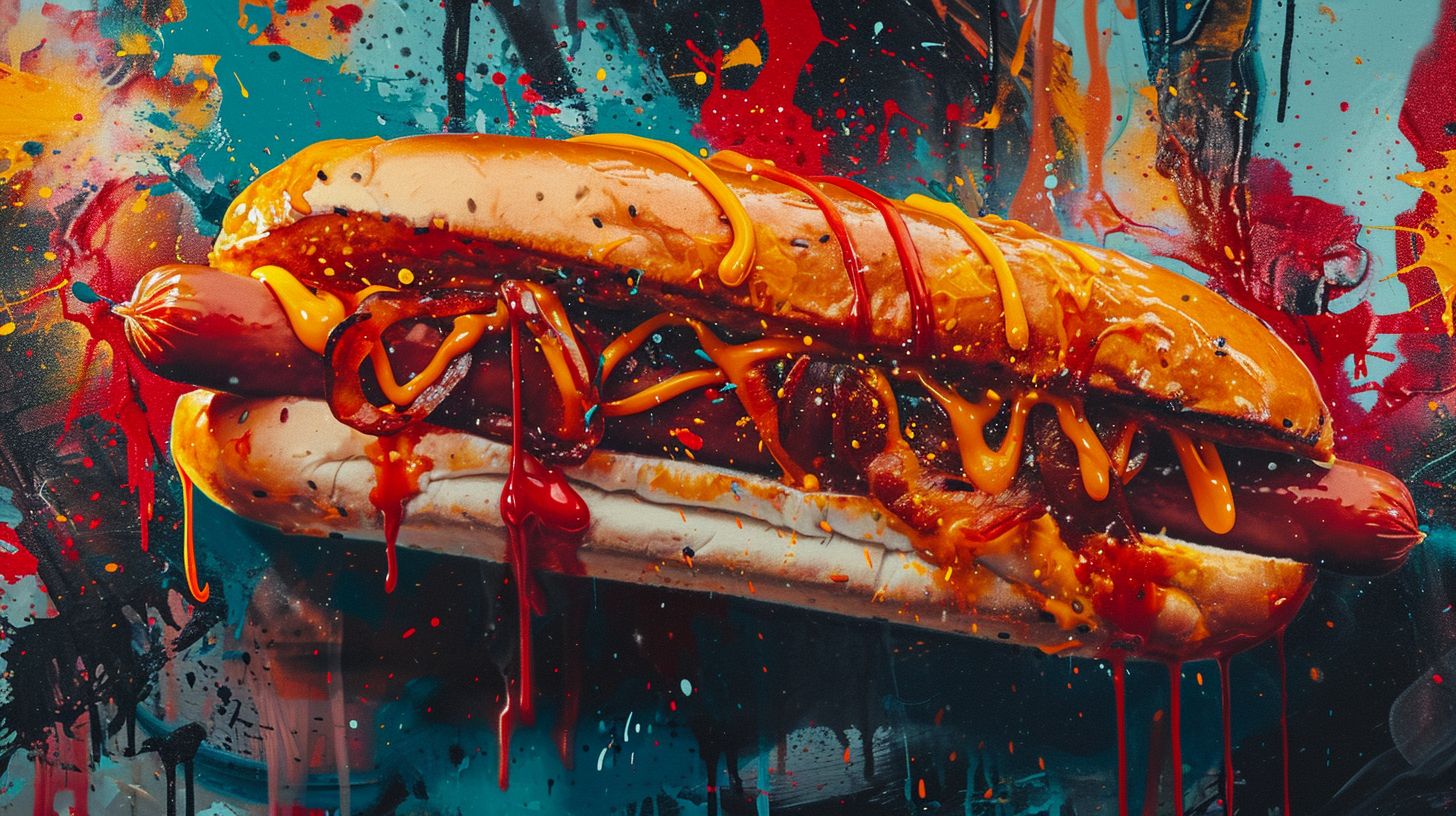 Prompt: red bull hotdog by mick robinson, in the style of street art photography, grotesque characters, cryptopunk, dripping paint, canon eos 5d mark iv, energetic gestures, cartoon-inspired pop