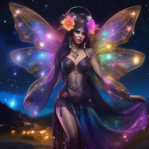 Prompt: A complete body form of a stunningly beautiful, hyper realistic, buxom woman with incredible bright, wearing a colorful, sparkling, dangling, glowing, skimpy, boho, goth,  flowing, sheer, fairy, witch's outfit on a breathtaking night with stars and colors with glowing, detailed sprites flying about
