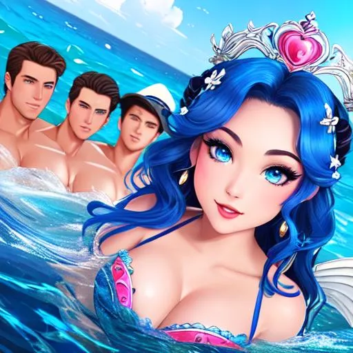 Prompt: A beautiful siren singing a joyful melody accompanied by a group of rowdy and handsome seamen. The siren's eyes are azure blue and attractive. Her nose is attractively sharp and her lips a shade of luscious pink. The handsome seamen cannot stop looking in her direction. Her gaze captured the hearts of the handsome seamen and left them enamored. The seamen are all standing behind the siren, wearing hats in the background.