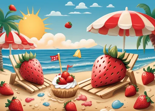 Prompt: It should be an image for printing. This will be printed in letter size. The image is about a valid for a beach trip. It should reference the beach ñ, strawberries in the beach and a reference to strawberry shortcake. It’s a birthday gift, so the number 27 should be on the image in a gentle way. The words on the image should be “válido por un viaje a la playa”