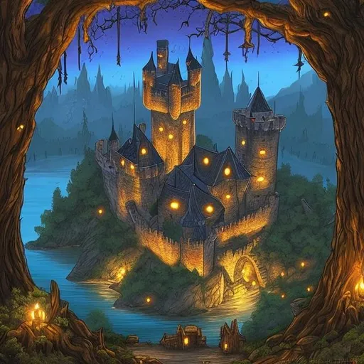 Prompt: a castle where witches study, a lake and a dark forest are located near it. there are also many trails