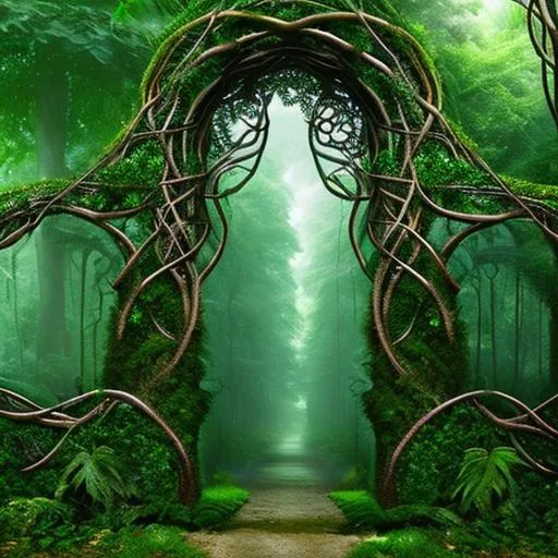 Prompt: Childrens book, picture book, cartoon. The entrance to the enchanted rainforest: A beautiful, arched gateway made of intertwined branches and vines, with a shimmering, magical aura surrounding it.