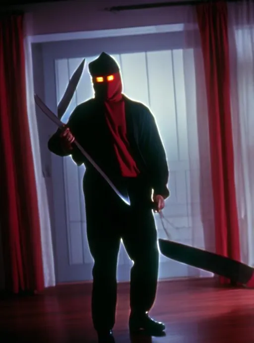 Prompt: Masked serial killer wielding a meat cleaver, in a living room, 80's horror movie.