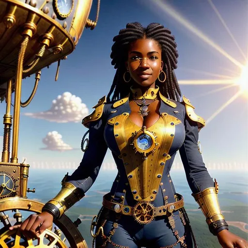 Prompt: (Hyperrealistic highly detailed wide shot photography of an ebonian woman mechanician on steampunk fantasy airship)
Beautiful, sweating, concentrated, efficient, working, repairing, light clothes, golden jewelry, crew, high altitude, cloud sea, sun