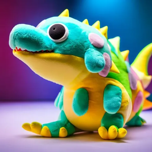 Prompt: with a cute kawaii Squishy dino plush toy called zemofy, fur texture, visible stitch line, soft smooth lighting, vibrant studio lighting, modular constructivism, physically based rendering, square image, +Symmetrical eyes, +blue, +yellow, +two arms, +two legs, +two eyes, +mouth, +cute, +adorable, +cuddly, +friendly, +smiling, +baby, +studio portrait, +happy pose, +ensure good design, +ensure good composition,