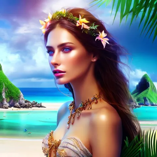 Prompt: HD 4k 3D 8k professional modeling photo hyper realistic beautiful woman ethereal greek goddess of the islands
brown hair blue eyes gorgeous face brown skin blue shimmering dress full body tropical jewelry tropical flower crown surrounded by magical glowing daylight hd landscape background of enchanting mystical beach seascape seashells birds laying on beach