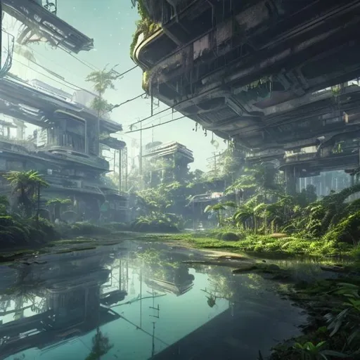 Prompt: Old abandoned Futuristic city overgrown with lush green plants reflection lake light bluse sky high resolution 8k