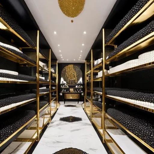 Prompt: The inside walls of a caviar luxury boutique with Caviar cans and Luxury table wear on the shelves. The colors are black, white and gold