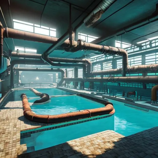 Prompt: Liminal swimming pool infinite, with color poolslides and dark infinite tunnels and industrial pipes everywhere.