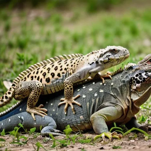 Prompt: iguana fighting a leopard gecko
