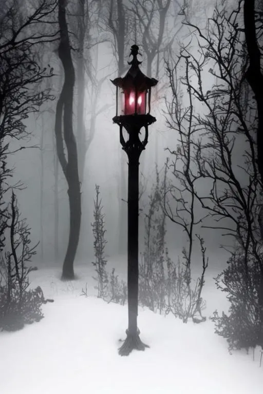 Prompt: Dark gothic moody holiday decor. Deep hues of purple. Snowy and foggy, with moody eerie haunting lonely woods in this background. Wolf in the distant shadows with snarl and scarlet eyes  