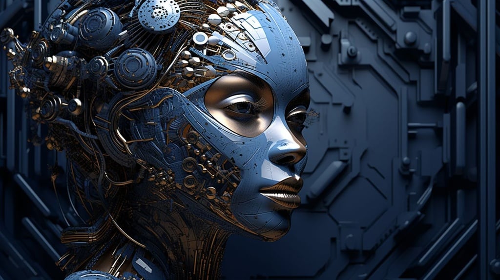 Prompt: art & design|abstract art|abstract art wall art|abstracts wall art | computer desktop wallpapers | photo wallpapers | 3d, in the style of whimsical cyborgs, realistic hyper-detailed portraits, dark silver and indigo, afrofuturism, human connections, strong facial expression, realistic hyper-detailed rendering