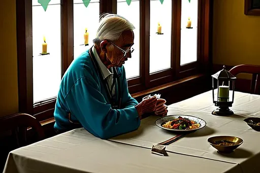 Prompt: An elderly man sits  alone praying at a table. He is sick and thin. There is what looks to be a meal before him but it is sparse and not very appetizing. A kitty sits on the table looking at him. His little paw reaches out to the old man. There is a note and a tiny flower on the table and a candle stick. In the style of Norman Rockwell