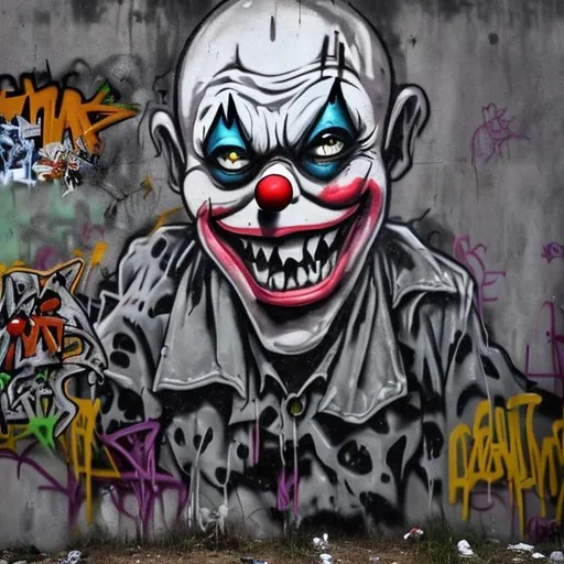 Prompt: a clown surrounded by skulls. grungy, colorful, graffiti, street art
