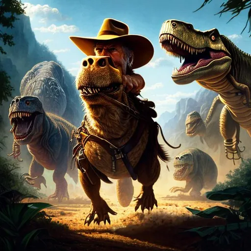 Prompt: ultra realistic illustration, Harrison Ford Indiana Jones being chased by a T-Rex, intricate, highly accurate Harrison Ford face, elegant, highly detailed, digital painting, artstation, concept art, smooth, sharp focus, illustration, art by artgerm and greg rutkowski and drew struzan