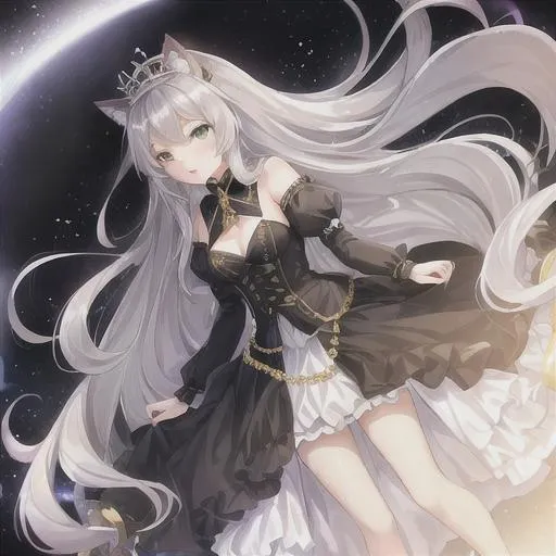 Prompt: young woman, queen, crown, slender, silver hair, cat ears, green eyes, angry, full body