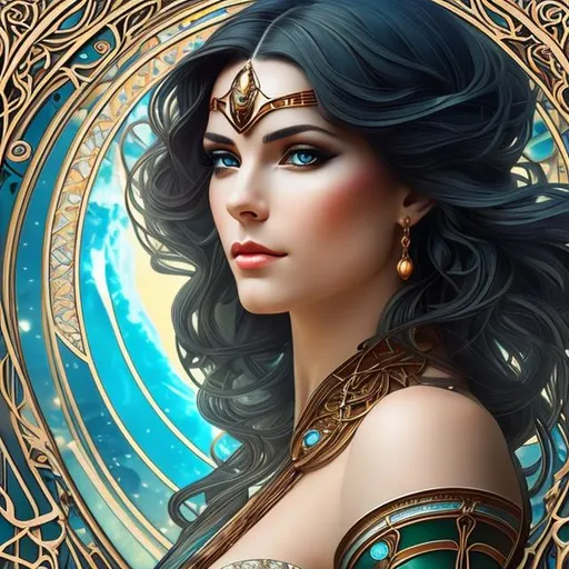 Prompt: Art Nouveau. portrait of a beautiful female cyborg, with gentle, empathetic eyes. realistic proportions, correct proportions. astrology, celestial symbolism, detailed blue, black, gold, copper, jade tinted