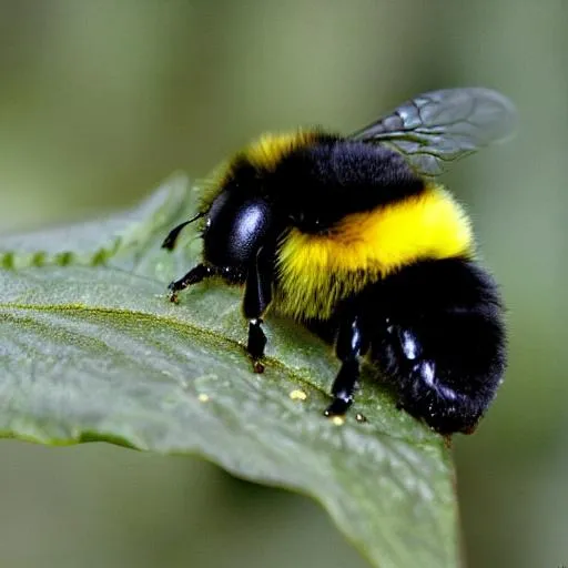 Prompt: round and cute bumble bee, fat, puffy bee, fluffy, yellow and black fur, nature photo of bug