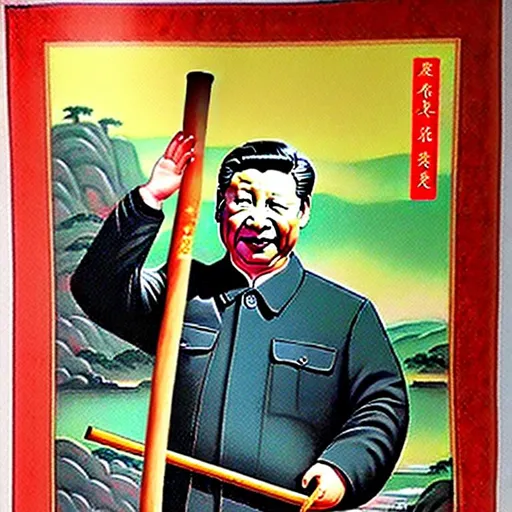 Prompt: Chinese propaganda poster of Xi Jinping, Xi is carrying a slender bamboo pole on his shoulder, Xi is in a town, attached to the bamboo pole Xi is holding are water buckets, highly detailed, highly decorated, masterpiece, vivid