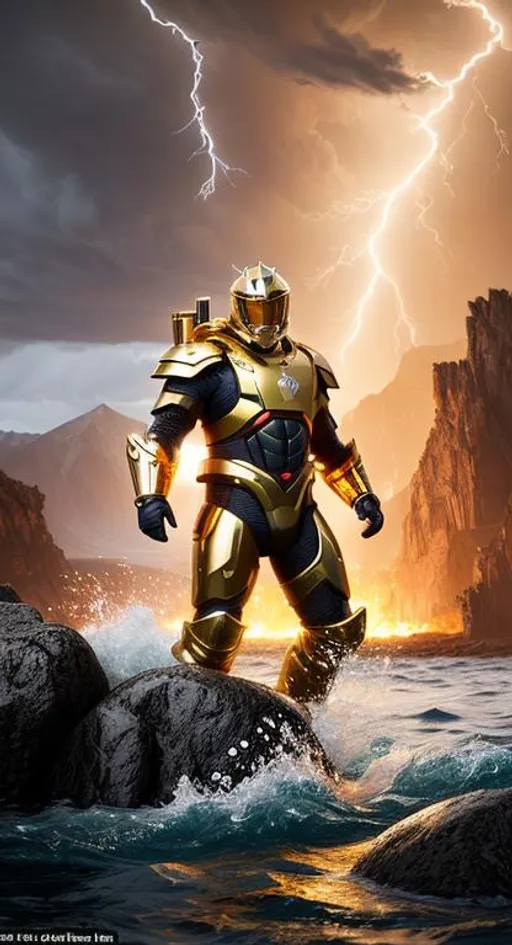 Prompt: On the coast of rocky mountains, under o'clock in the morning, a soldier with gold armor swims over dark waters and fights a sea of electrical creatures. Fire and lightning are reflected in his armor, creating amazing graphic elements., Terms of reference, fantastic, epic, fascinatingly spectacular, hyperrealistic, highly detailed, high quality 32k, unreal engine,