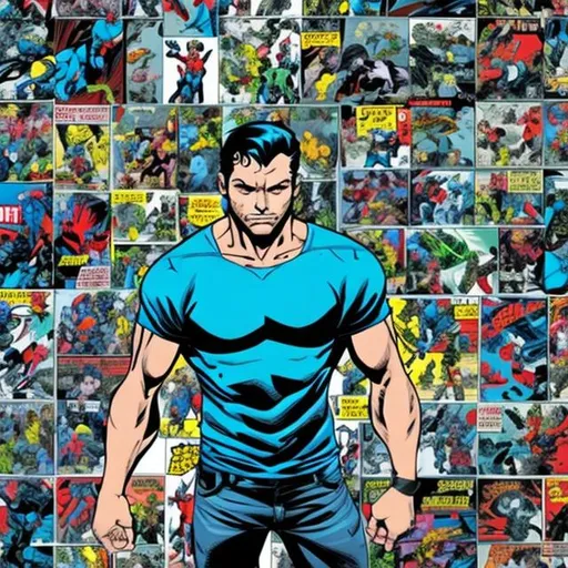 Prompt: a man in comics in blue tshirt