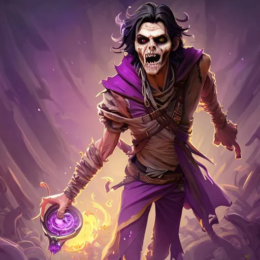 Prompt: Full body splash art of a sweet, youthful, expressive, smiling male undead zombie bard, mummified face, black hair, skinny, plum purple noble clothes, D&D, dnd, fantasy, highly detailed, sharp focus, digital painting, trending on artstation, 4k, 8k, unreal engine