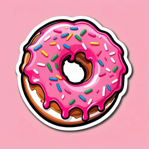 Prompt: A pink donut with sprinkles with the icing dripping far off the side of donut