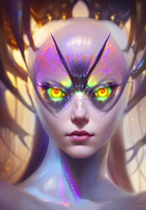 Prompt: A Stephen Bauman, Anna dittmann, greg rutkowski, wlop, Peter mohrbacher  portrait  of female spider queen hybrid human, bright metallic white shiny female beautiful woman face with Glowing iridescent spider eyes. detailed face. shadow effects. epic dark fantasy. realistic exposure. 