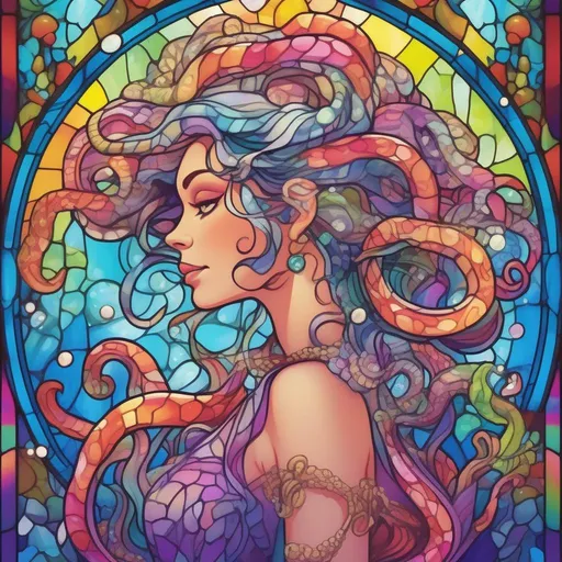 Prompt: A colourful woman with tentacles for hair in a flowing soft dress made of kelp, scales, coins, pearls and coral, in a colourful stained glass style in a lisa frank colour palate 