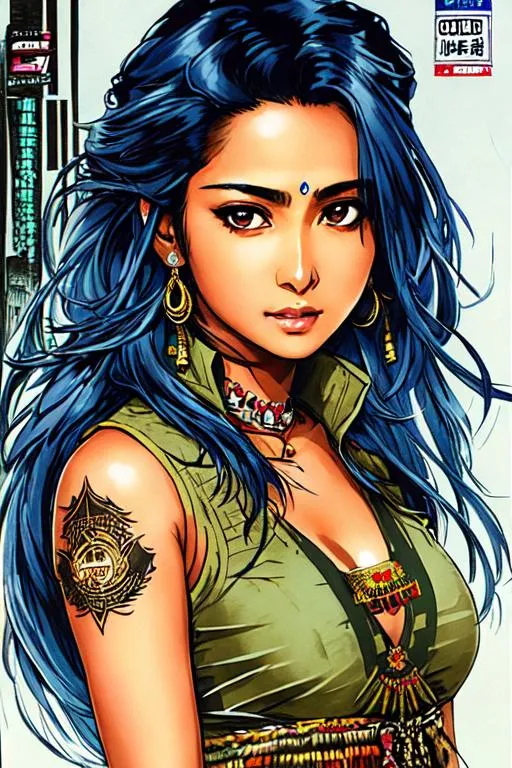 Prompt: character profile sheet (((Yoji Shinkawa))), sticker of ultra detailed portrait of Sadaf Mohammed Sayed  (Indian actress who mainly appears in Telugu, Tamil, and Kannada films)in tribal cueitl dress, blue long hair, high quality cell shaded illustration in post apocalyptic style by Yoji Shinkawa, ((full body portrait)), dynamic pose, perfect anatomy, centered, freedom, soul, blue long hair, approach to perfection, cell shading, 4k , cinematic dramatic atmosphere, watercolor painting, global illumination, detailed and intricate environment, artstation, concept art, fluid and sharp focus, volumetric lighting, cinematic lighting, Art by Yoji Shinkawa,