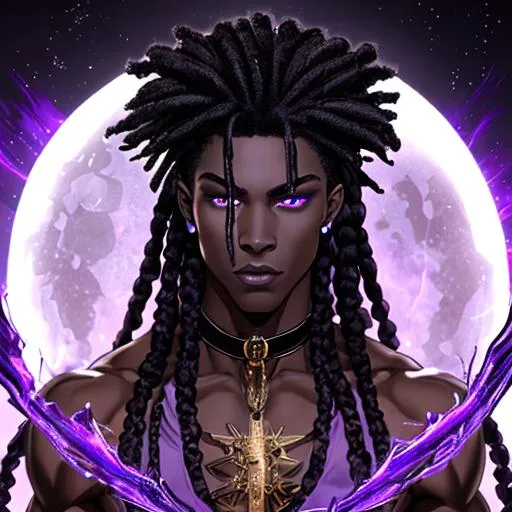 Prompt: Androgynous male, muscular jawline, angelic face, beautiful black man, UHD, 64K, high resolution, intense deep Black skin, black face, African American features, long intense White hair braided, Valeryon, purple eyes, water dripping, Fire background, amazing black crown on head, deep purple sky, clear white moon in sky, detailed images, clear sharp resolution 