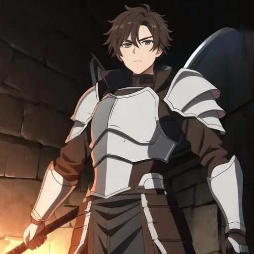 Prompt: Anime man, black brown messy hair, brown eyes, necromancer, in armour, shiny