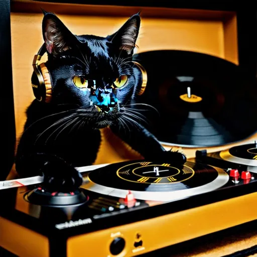 Prompt: evil black cat DJ . wearing headphones and turntables . black and gold colours