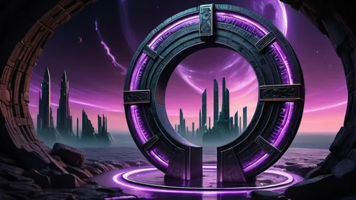 Prompt: magical portal between cities realms worlds kingdoms, circular portal, ring standing on edge, upright ring, freestanding ring, hieroglyphs on ring, complete ring, ancient roman architecture, atlantis setting, purple aurora borealis, panoramic view, dark night, futuristic cyberpunk tech-noir setting