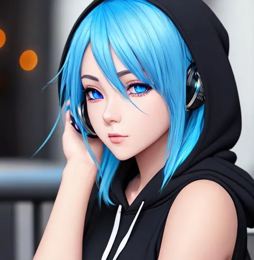 Prompt: Blue haired anthropormphic anime girl, drinking alcohol, wearing heaphones, blue eyes, looking at the camera, black hoodie,  hyperrealism, beautiful photography, highly detailed, hd, 4k, 8k