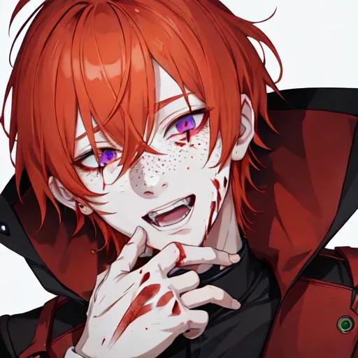 Prompt: Erikku male adult (short ginger hair, freckles, right eye blue left eye purple)  UHD, 8K, insane detail anime style, covered in blood, psychotic, covering his face with his hands, face covered in blood and cuts, blood highly detailed, laughing, insane