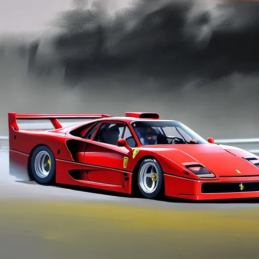 Prompt: High resolution, hyper realistic, painting of Ferrari F 40 drifting on a race track