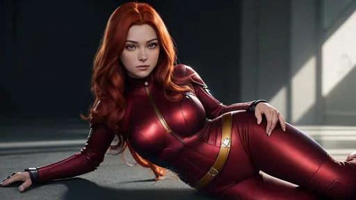 Prompt: jean grey, young female, x-men, (((full body visible))), looking at viewer, portrait, photography, detailed skin, realistic, photo-realistic, 8k, highly detailed, full length frame, High detail RAW color art, piercing, diffused soft lighting, shallow depth of field, sharp focus, hyperrealism, cinematic lighting