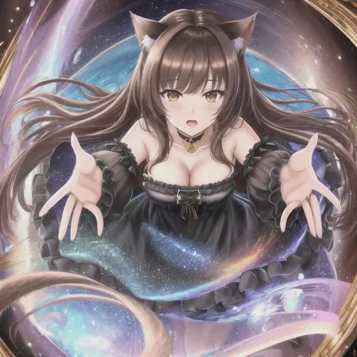 Prompt: oil painting, UHD, hd , 8k,  anime, hyper realism, Very detailed, zoomed out view, clear visible face, full character in view, clear visible face, cute cat girl character with long brown hair, wears a black
 dress,