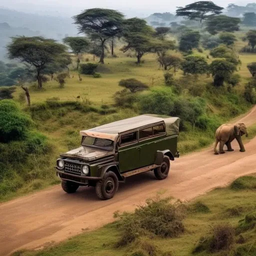 Prompt: Car on hills , lion,elephant,tiger,human