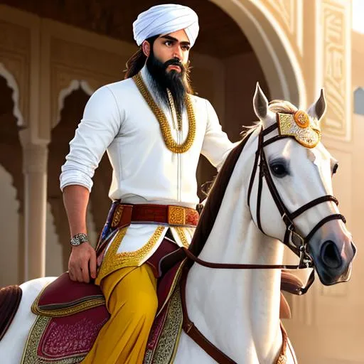 Prompt: Mislim Young mughal king sitting on horse going for hajj, white ahram, braided dark brown hair, Beard,brown eyes, smooth forehead, symmetrical, highly detailed body, perfect composition, hyperrealistic, super detailed, 8k, high quality, Splash art, front, epic Instagram, artstation, hyperdetailed intricately detailed, unreal engine, intricate detail, complementary colors, 8k, heavy strokes, full height, full body,