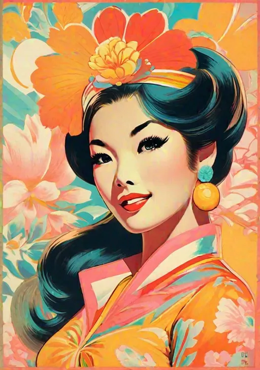 Prompt: A beautiful 60s asian pinup girl poster, with mainly like orange red, yellow, white,cyan and pastel pink hue colors.