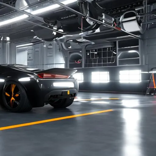 Prompt: black sport car in car service, robotic atmosphere, digital art, 32k, unreal engine 5, octane render