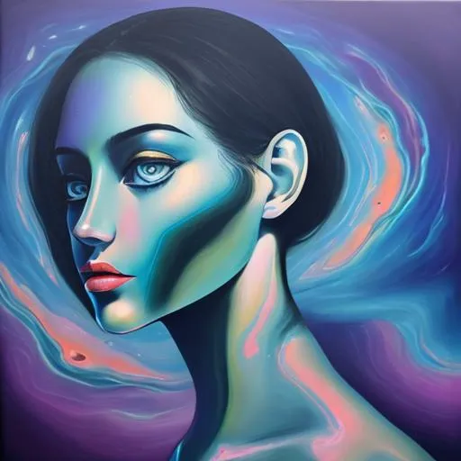 Prompt: Surreal portrait of beautiful female, cosmic landscape background, acrylic on canvas in style of post modernism 