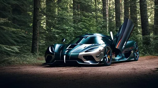 Prompt: koenigsegg regera wide body heavily modified at illegal meet, dark and shadowy background, in the Canadian forest, 30 minutes after sunset, long depth of field.